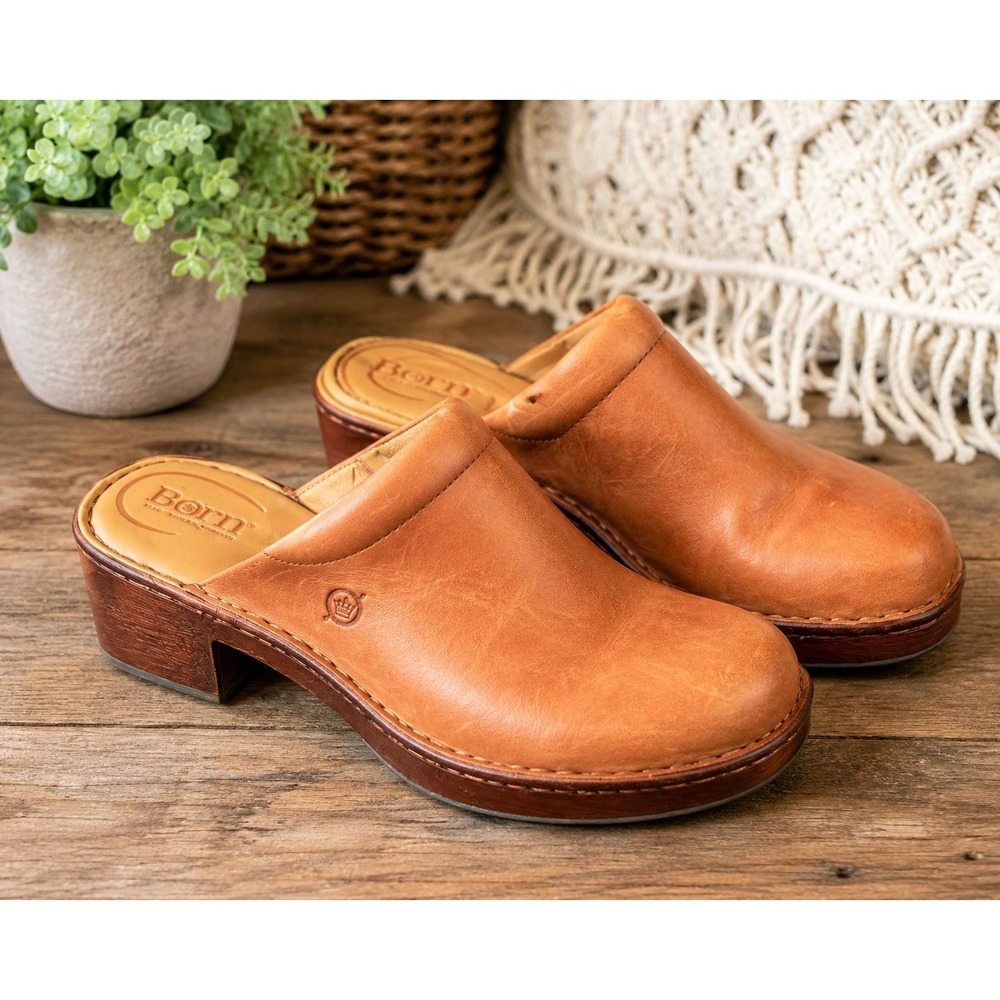 Born Womens Tan Leather Clogs Slip On Mule Block Heel Shoes Comfort Classic
